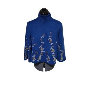 Zara Royal Blue Faux Suede Floral Embroidered Mock Neck Blouse Top Size M